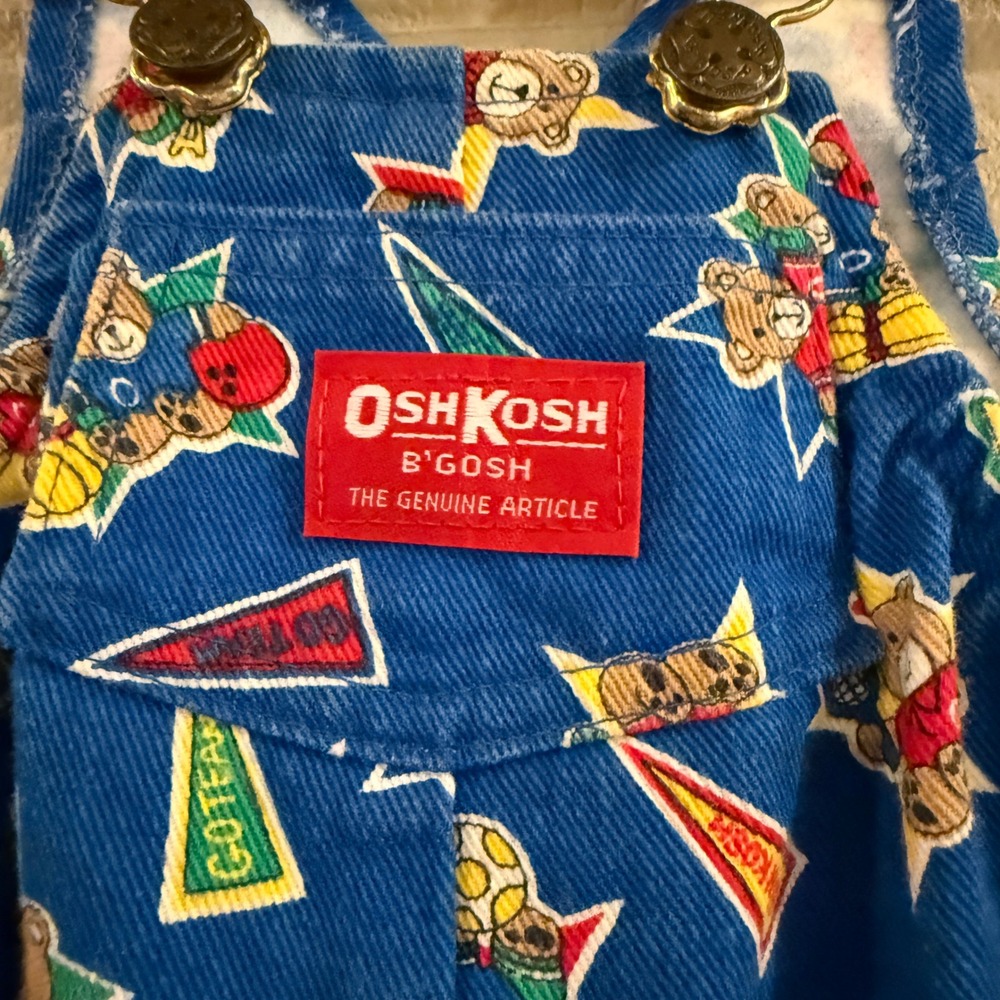 OshKosh B'gosh Overalls Vestbak Kids 12M Blue Sports Bear Vintage Kidcore 90s